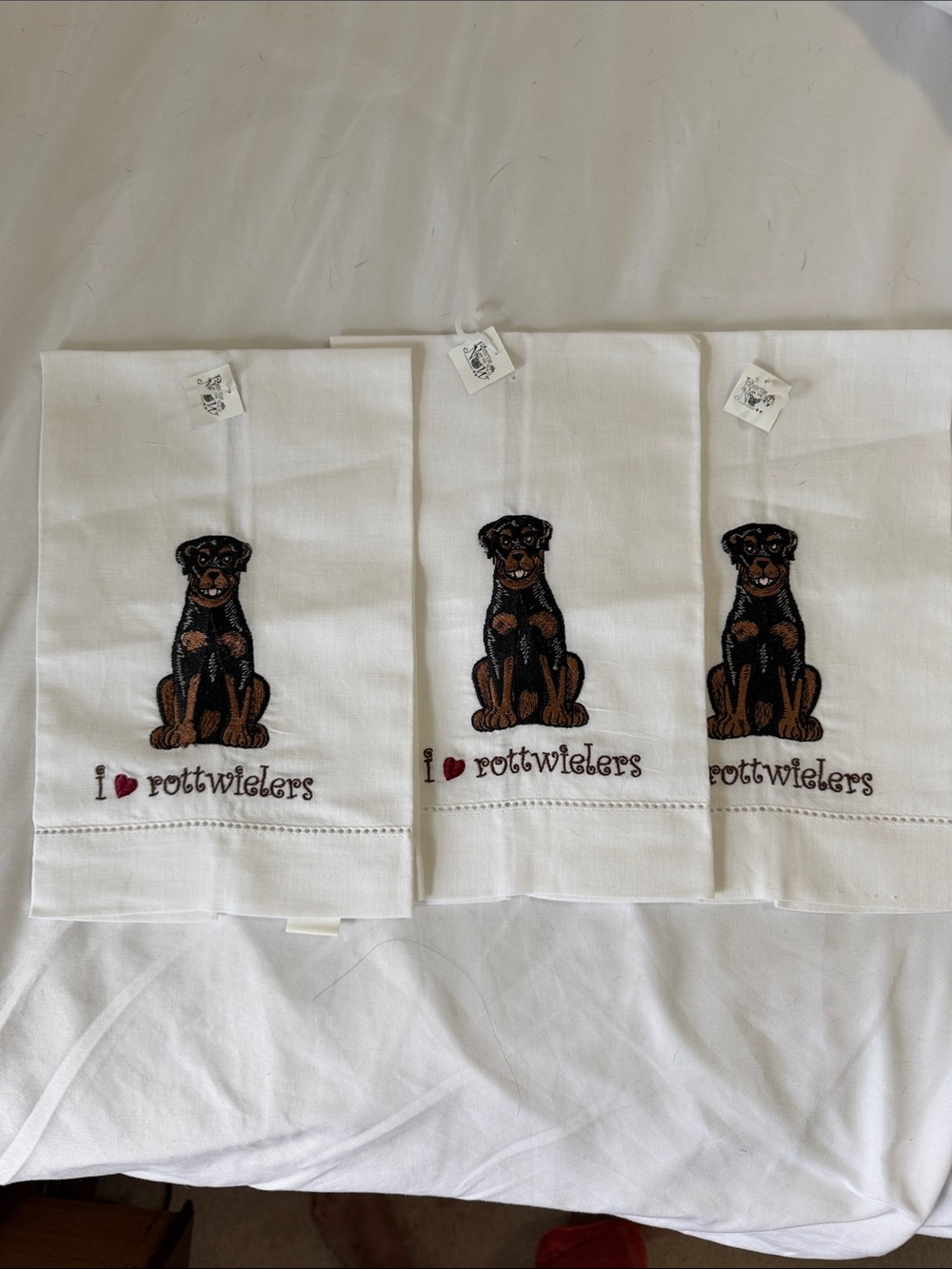 Pine Cone Hill White Tea Towels with Embroidered I Love Rottweiler NWT
